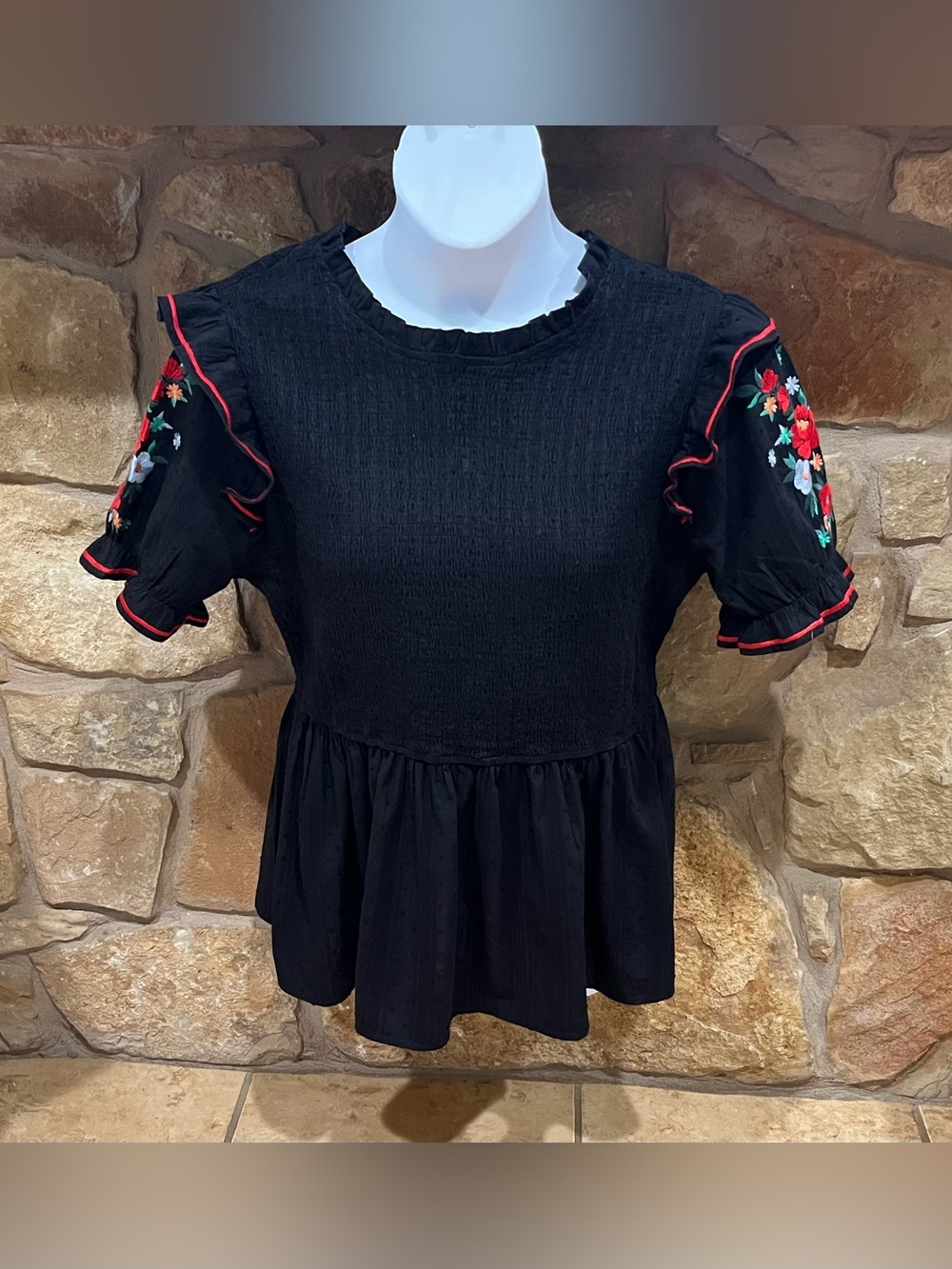 Savanna Jane Black Smocked Peplum Blouse Floral Embroidery & Ruffled Details 3X